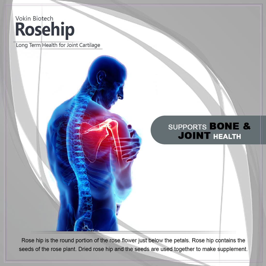 Advertisement for Vokin Biotech Rosehip supplement showing a human figure with a highlighted joint.