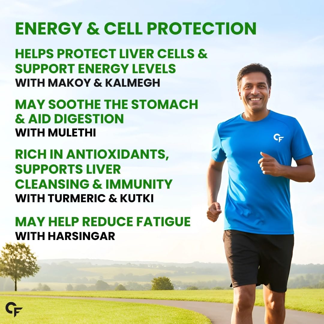 Man running on a path with health benefits text overlay