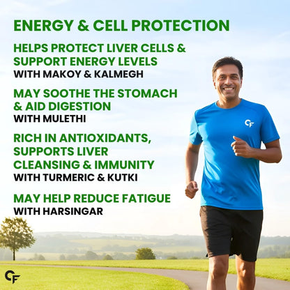 Man running on a path with health benefits text overlay