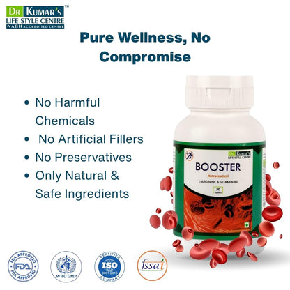 DR. KUMAR'S LIFESTYLE CENTRE Booster Nitrogen L-Arginine Tablets | HCL & Vitamin B6 | Support Healthy Blood Circulation | Health Supplement | 30 Tablets | 1000mg