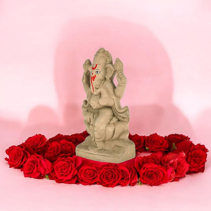 SAUDEEP INDIA 6 Inch Mitti Ganesh Idol | Eco-Friendly Handcrafted Mud/Clay Ganesh Murti | Ganpati Figurine for Visarjan | Biodegradable Lotus Ganesha Statue | Ganesh Chaturthi (Export Quality)