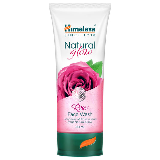 Himalaya Natural Glow Rose Face Wash tube with a rose design on a white background