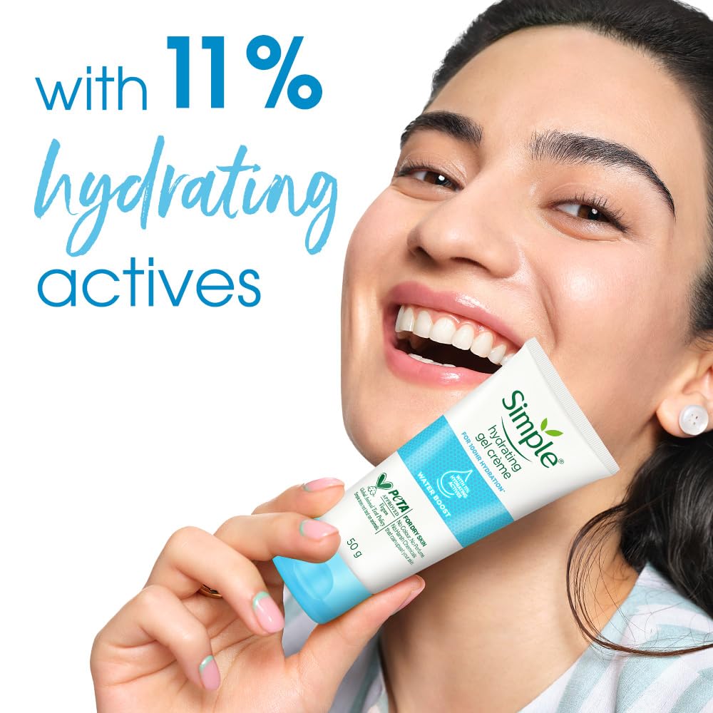 Woman holding a Simple skincare product with text about hydrating actives on a white background
