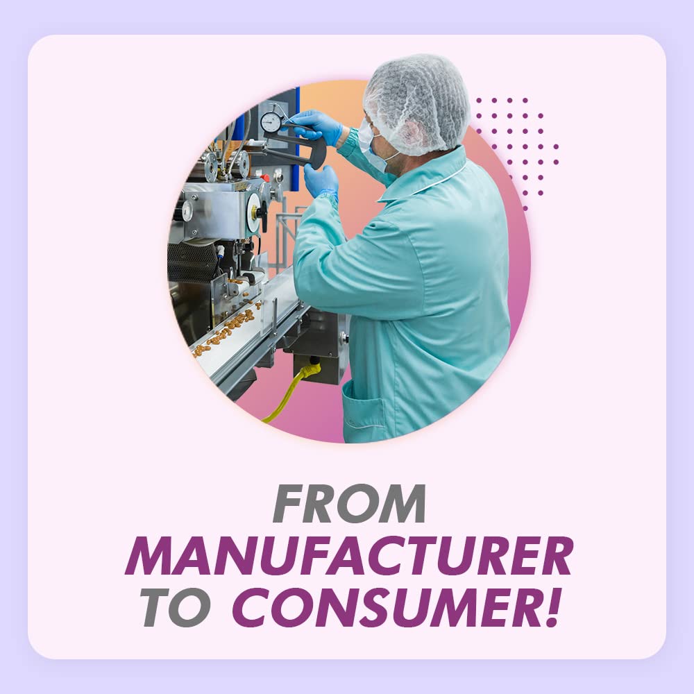Person in a lab coat and hairnet working with equipment, with text 'From Manufacturer to Consumer' on a light purple background.