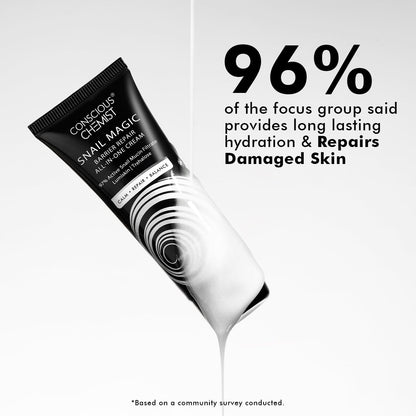 Tube of conscious chemist snail magic cream with text on a white background