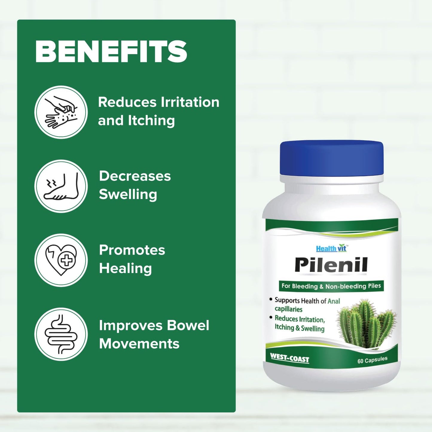 Healthvit Pilenil bottle with benefits listed on a green background