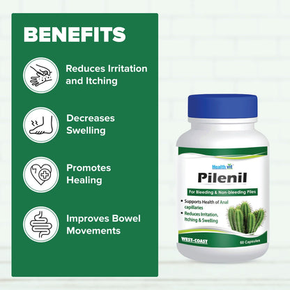 Healthvit Pilenil bottle with benefits listed on a green background