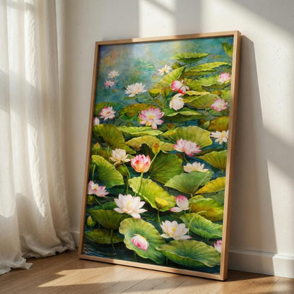 Lotus Pond Wall Painting with Wooden Frame | Elegant Lotus Flower Nature Artwork HD UV Laminated MDF Wall Decor | Floral Water Garden Wall Art for Living Room Bedroom 13.5 Inch x 19.5 Inch