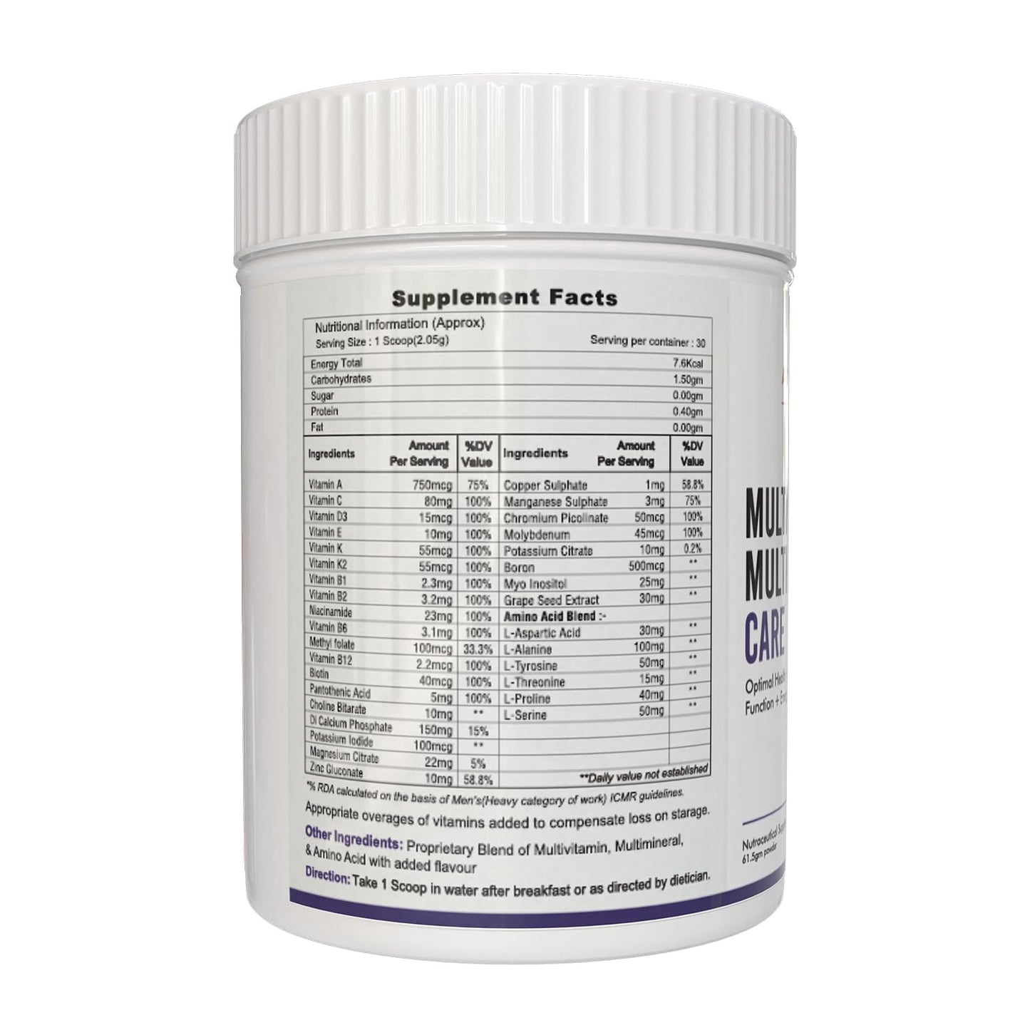 Multi-Vitamin Multi Nutrient Care - Daily Multivitamin with A, D, E, K, B-Complex, C, Micronutrients for Optimal Cellular Function, Energy Support, powder, 1 count, 30 Servings