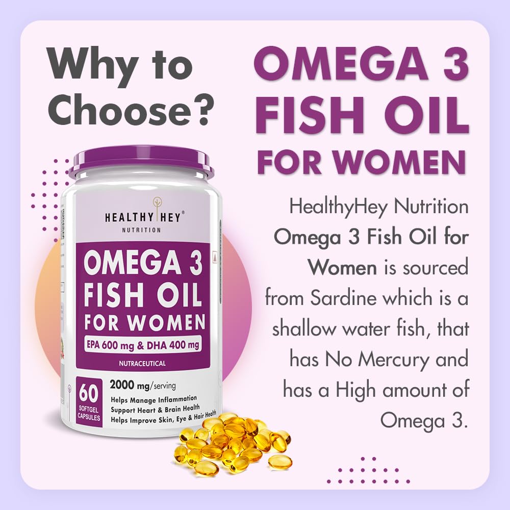 Omega 3 fish oil supplement for women with text on a light purple background