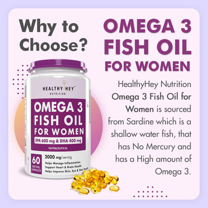 Omega 3 fish oil supplement for women with text on a light purple background