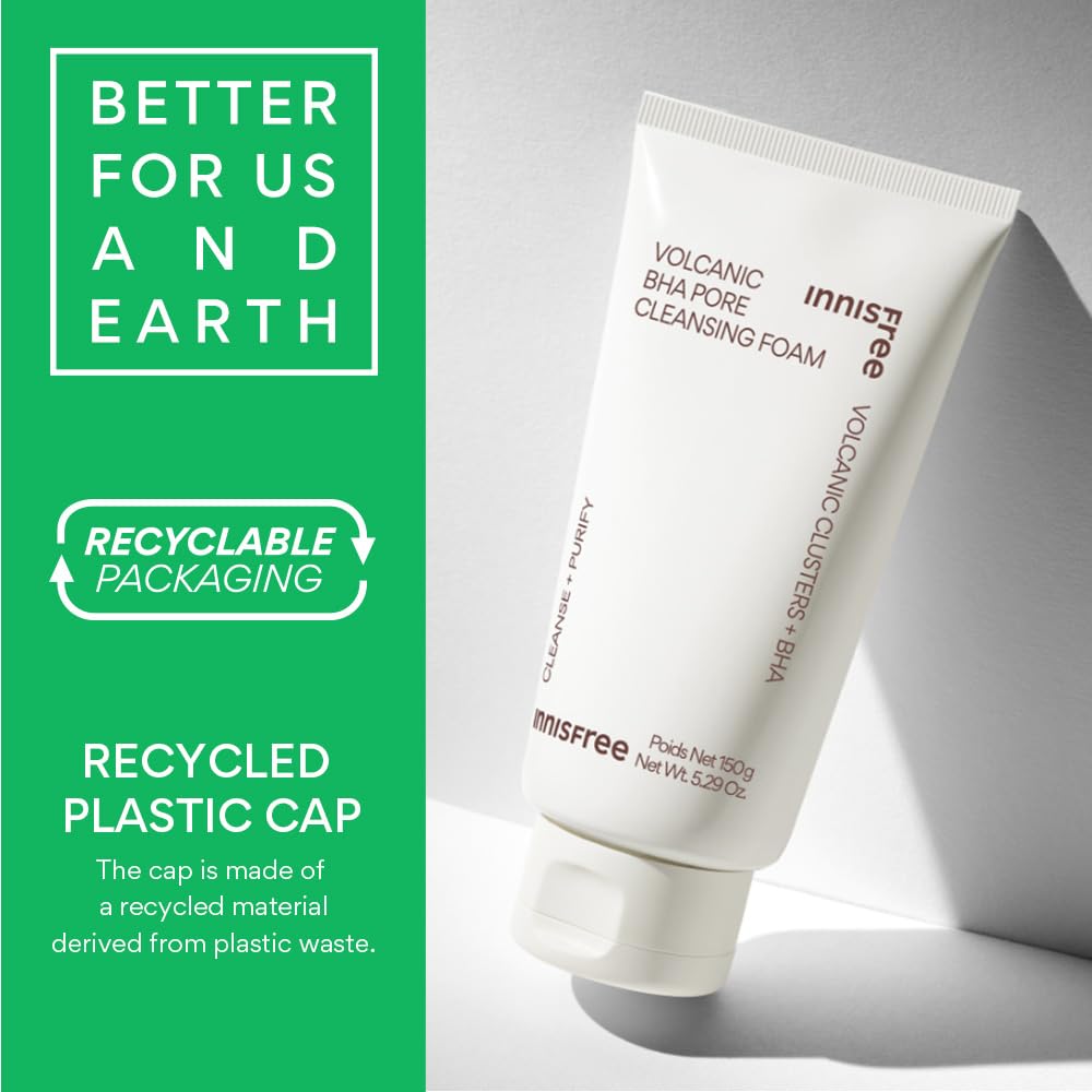 Cleansing foam tube with green label highlighting recyclable packaging and earth-friendly attributes.