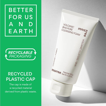 Cleansing foam tube with green label highlighting recyclable packaging and earth-friendly attributes.
