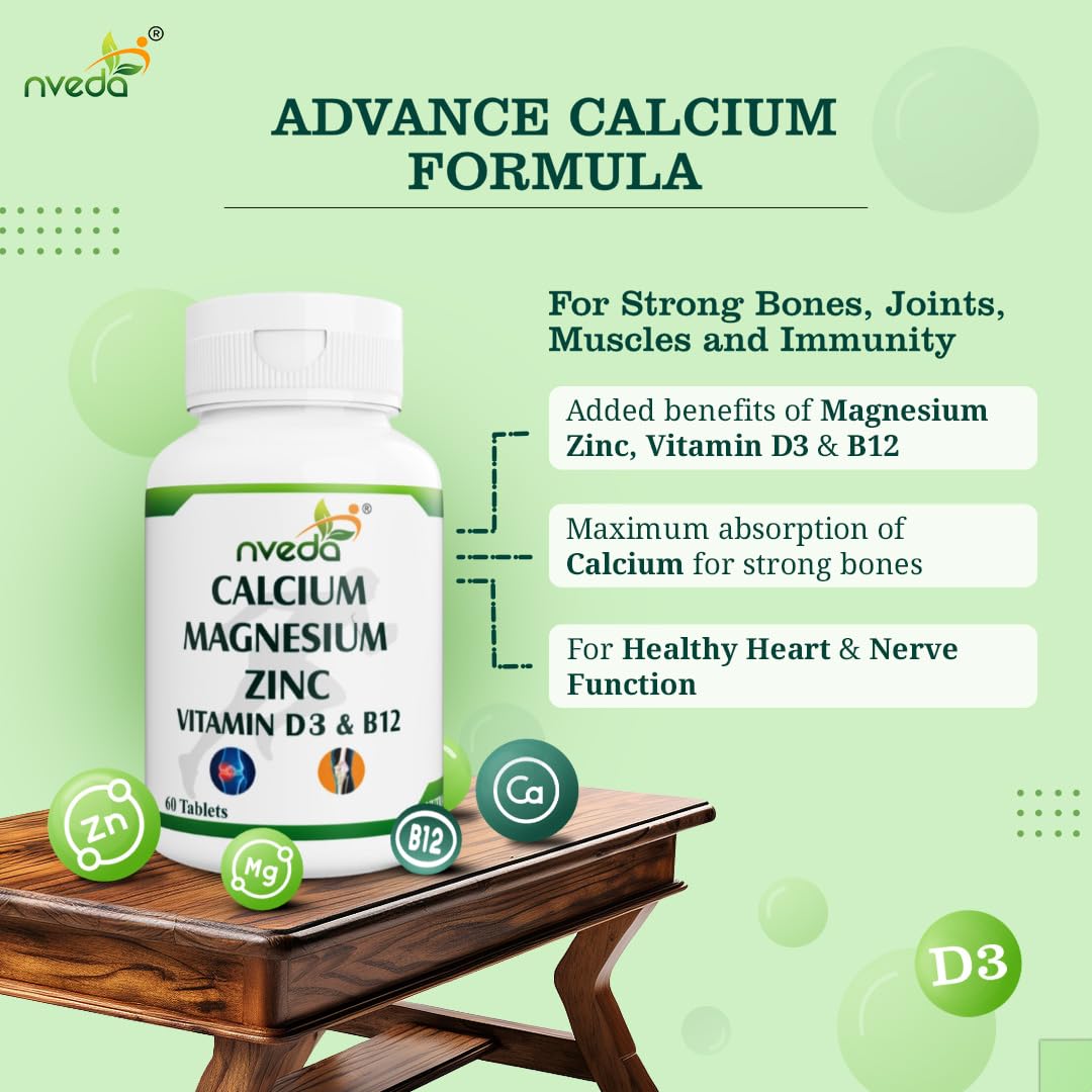 Nveda Calcium Supplement 1,000 mg with Vitamin D3, Magnesium, Zinc & Vitamin B 12 For Men & Women/For Immunity, Bone & Joint Support - 60 Tablets