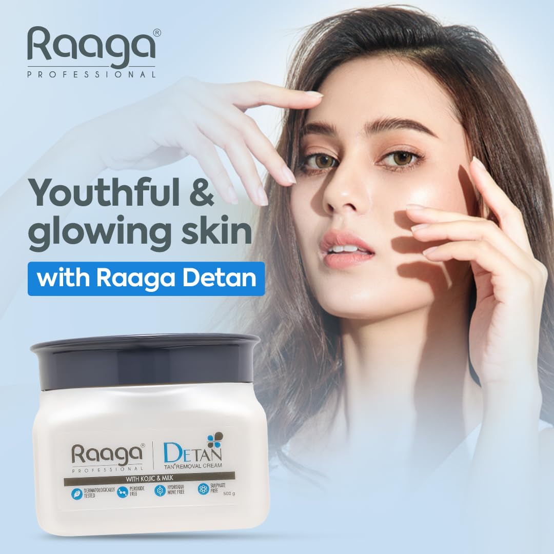 Raaga Detan cream jar with a woman touching her face against a light blue background