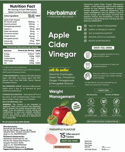 Herbalmax Apple Cider Vinegar supplement packaging with nutritional information and usage instructions.