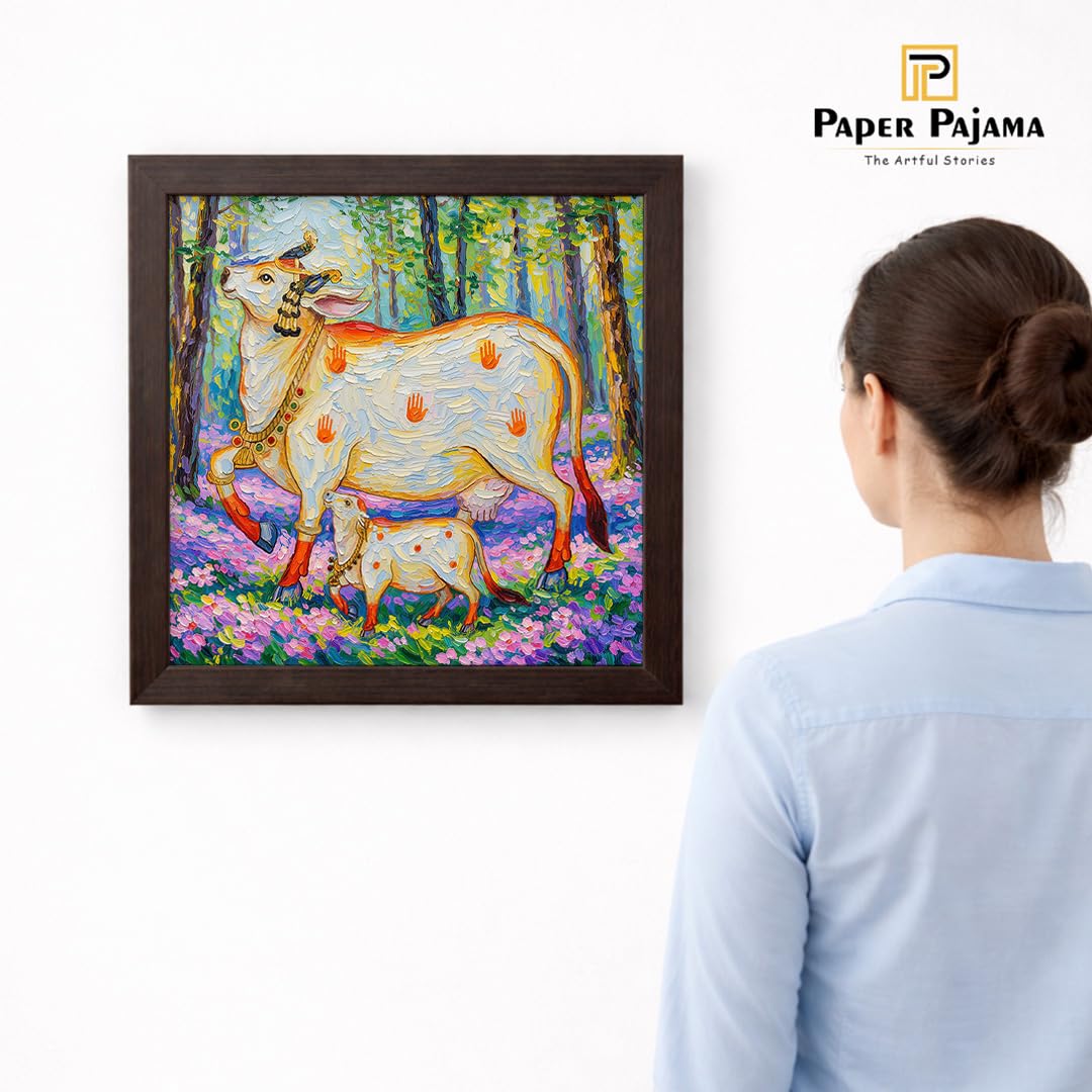 Kamdhenu Divine Vastu Sacred Cow Calf Hindu Spiritual Religious Pooja Mandir Traditional Indian Floral Theme Framed Poster Artwork Decor Painting