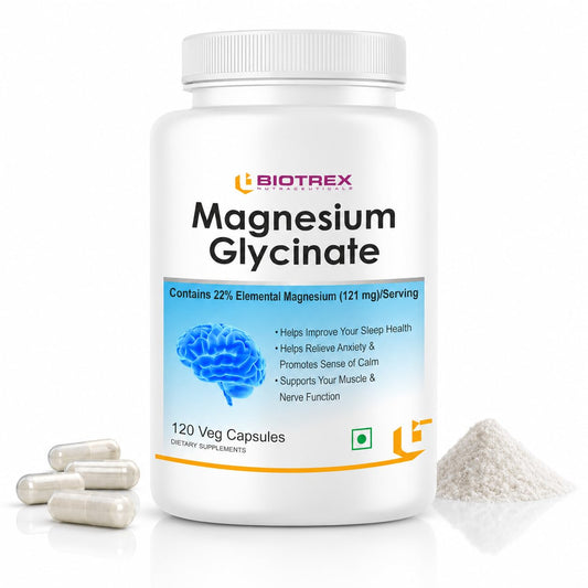 Biotrex Nutraceuticals Magnesium Glycinate | Highest Bioavailability | Cramps, Sleep & Mood balance | Chelated Form With Superior Absorption | Muscle Recovery & Nerve Function | 120 Veg Capsules