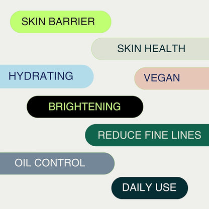 Text labels on a white background indicating various skincare benefits.