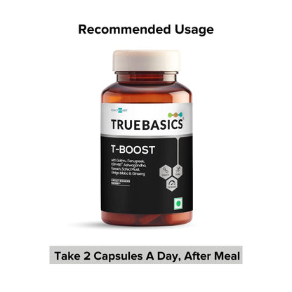 TrueBasics T-Boost,Testosterone Supplement For Men|With Ksm 66 Ashwagandha,Safed Musli,Gokshura,& Ginseng|For Energy,Stamina & Muscle Strength,1 Count,120 Capsules