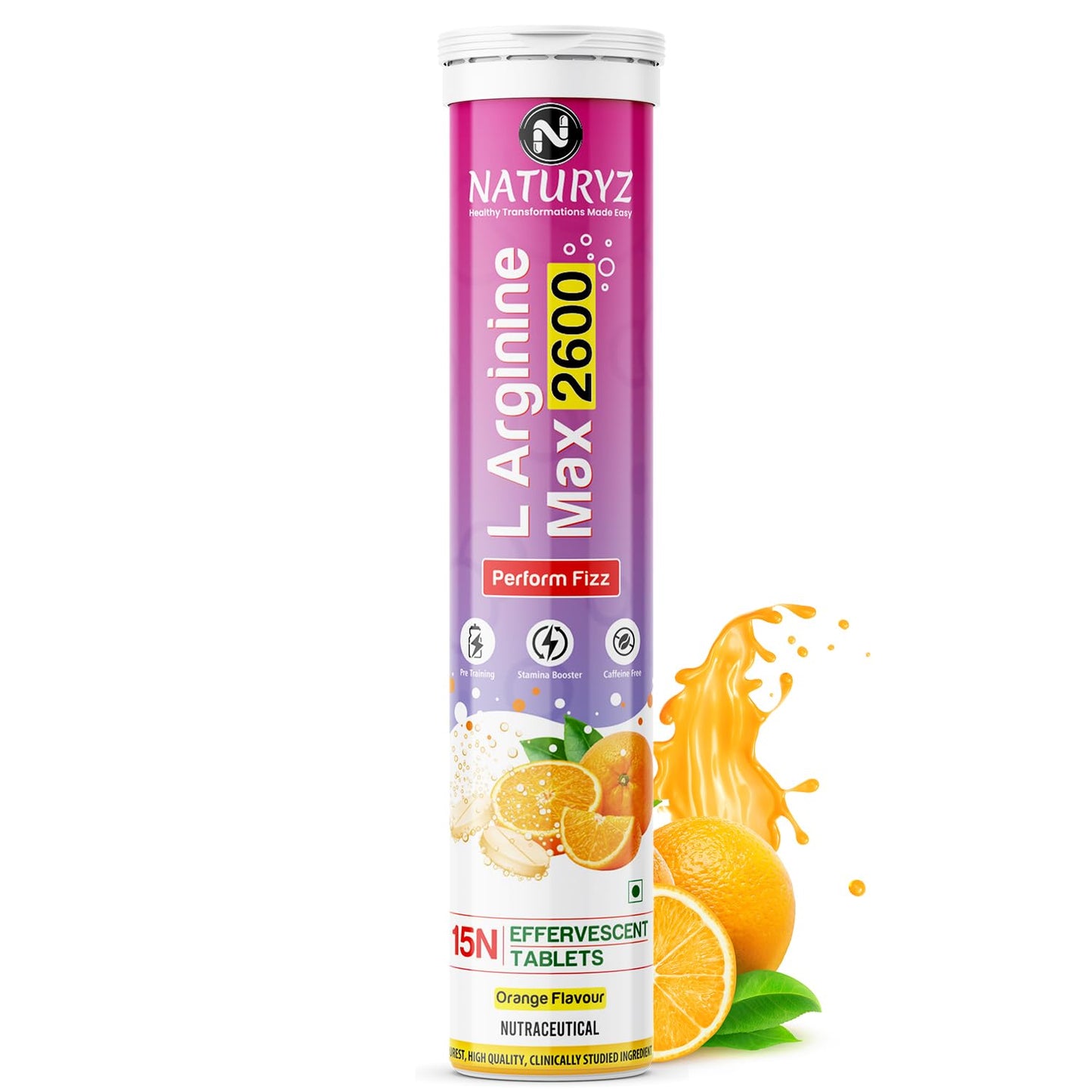 Naturyz L-Arginine Max 2600 supplement tube with orange flavor on a white background
