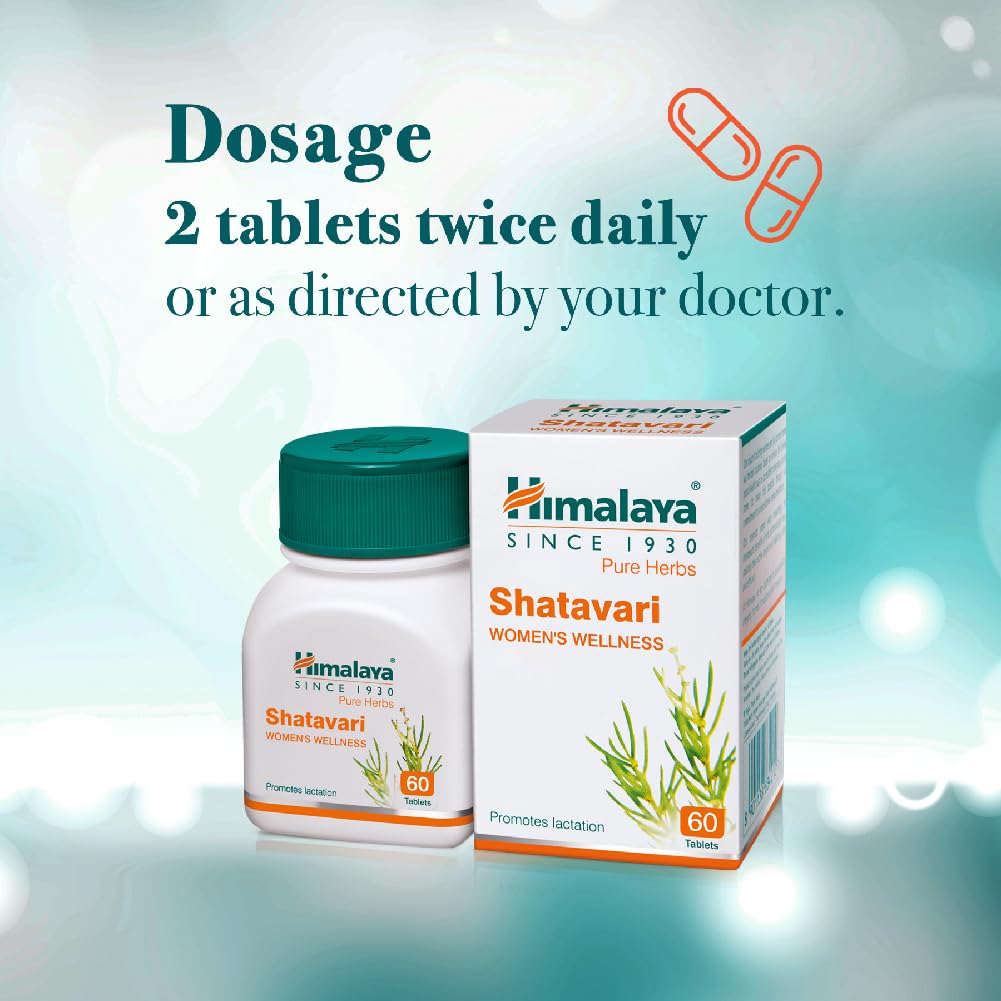 Himalaya Shatavari supplement bottle and packaging on a light blue background with dosage instructions.