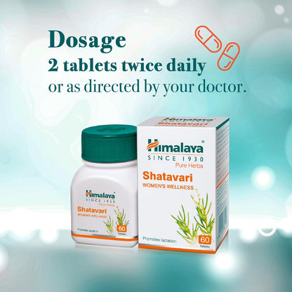 Himalaya Shatavari supplement bottle and packaging on a light blue background with dosage instructions.