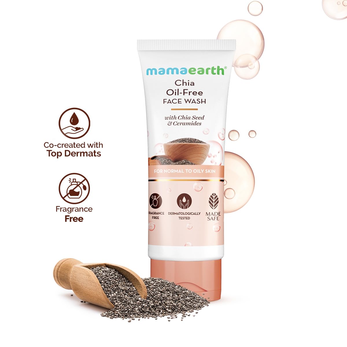 Mamaearth Chia Oil-Free Face Wash with Chia Seed & Ceramides - 100 ml | For Normal to Oily Skin | Gives Hydrated Glow | Co-created with Top Dermats | Cleanses Deeply | Healthy Skin Barrier | Fragrance& Soap Free