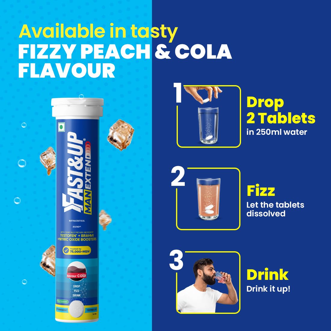 Fast&Up Man Extend | Testofen® Fenugreek Extract |Nitric Oxide Booster + Energizing Blend | Shatavari | Brahmi| Helps Improve Vitality & Stamina | Pack of 20 Effervescent (Cola Flavour)