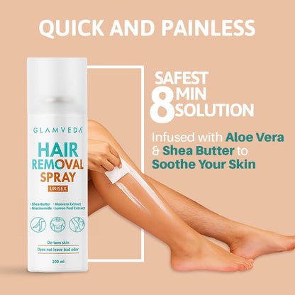 Glamveda Hair Removal Spray with Aloe Vera Extract | Painless Body Hair Remover for Men & Women | Helps Leave Skin Soft & Smooth | Suitable for Chest, Arms, Legs & Underarms | 200 ml