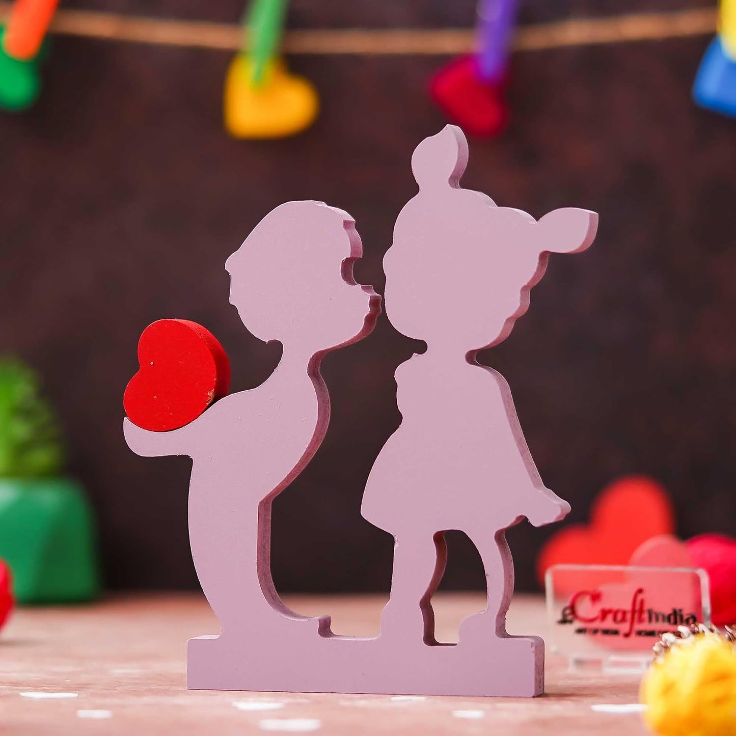 eCraftIndia Valentine Gift for Girlfriend Boyfriend | Wooden Boy Kissing Girl Love Heart Romantic Couple Showpiece | Valentine Day Gift for Husband Wife Him Her | Valentine Day Decoration Item