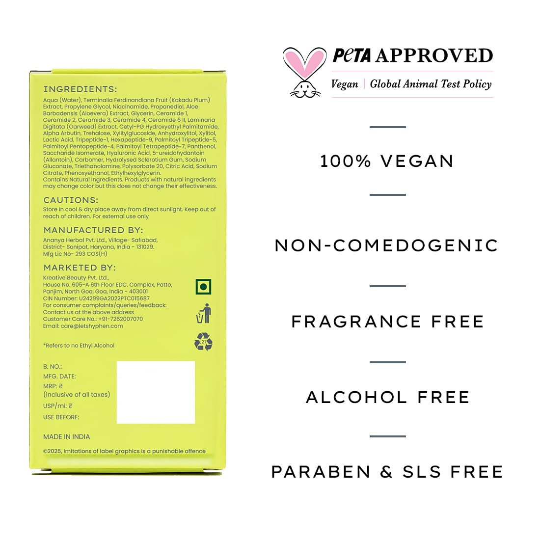 Product label with PETA approval, vegan, and skincare feature claims on a white background.