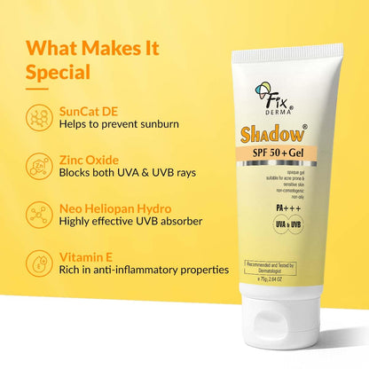Fixderma Shadow Sunscreen SPF 50+ PA+++ Gel | Sunscreen SPF 50 for Oily, Acne Prone & Normal Skin | Broad Spectrum & UVA & UVB Protection | Lightweight | No White Cast | For Unisex - 75G