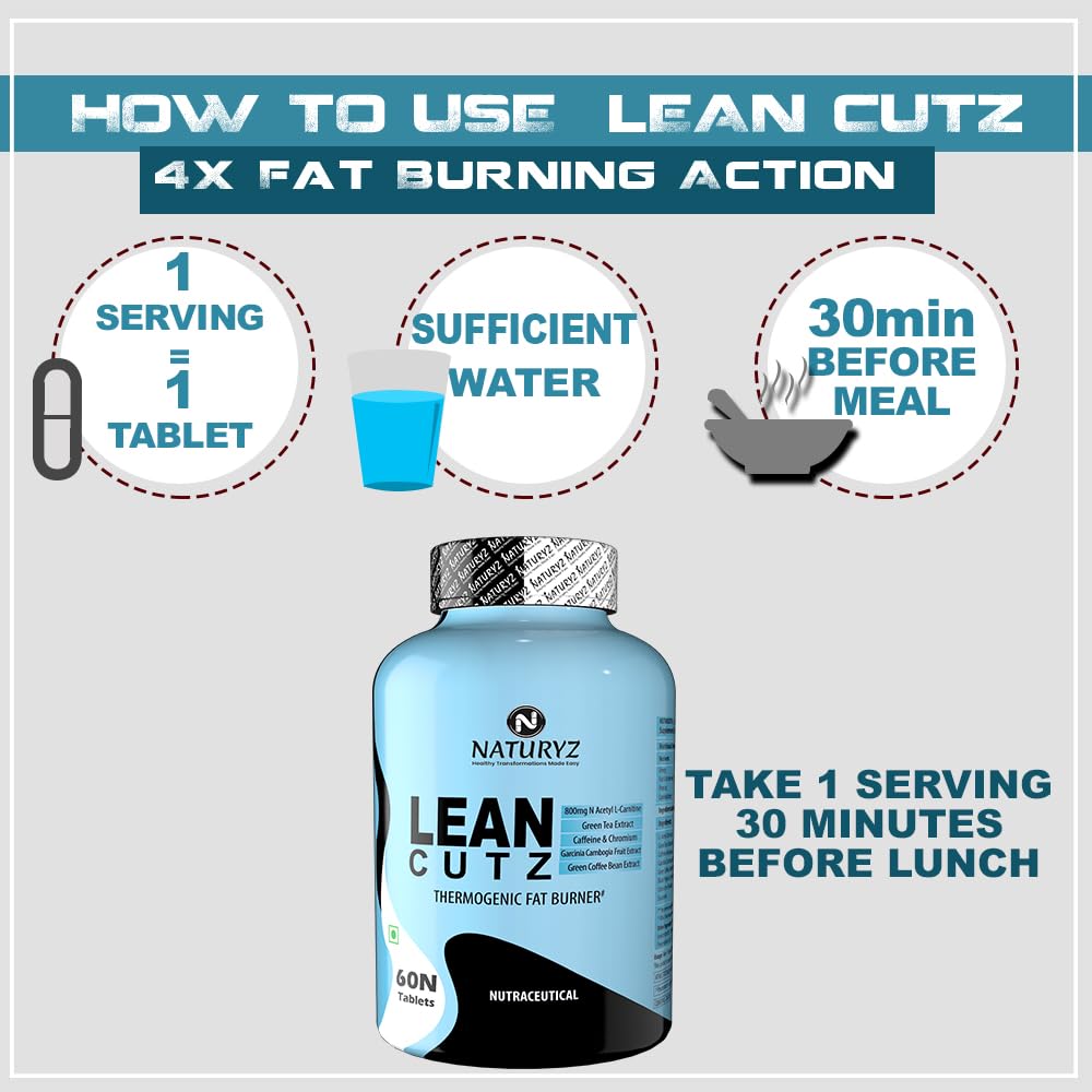 Naturyz Lean Cutz supplement bottle with usage instructions on a gray background