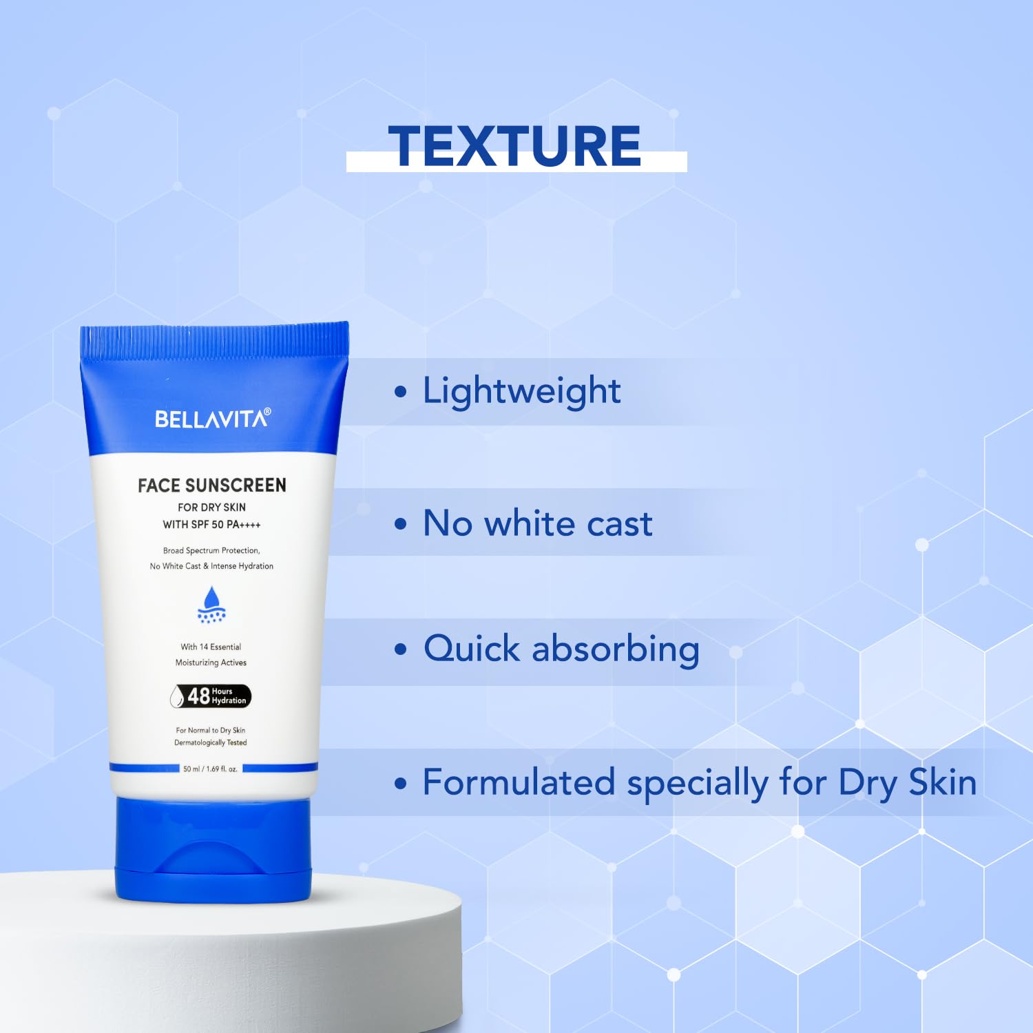 Bellavita face sunscreen tube on a blue background with text highlighting features