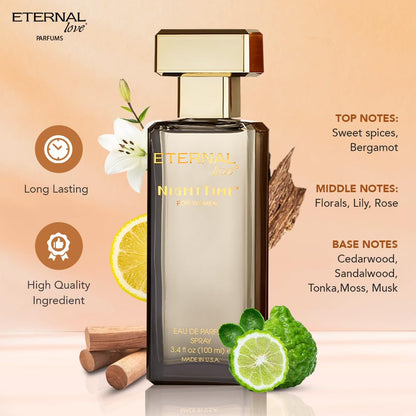 Perfume bottle with product details and ingredients on a peach background