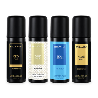 Four Bellavita deodorant bottles with different scents on a white background