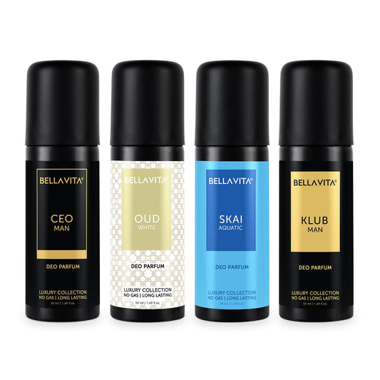 Four Bellavita deodorant bottles with different scents on a white background