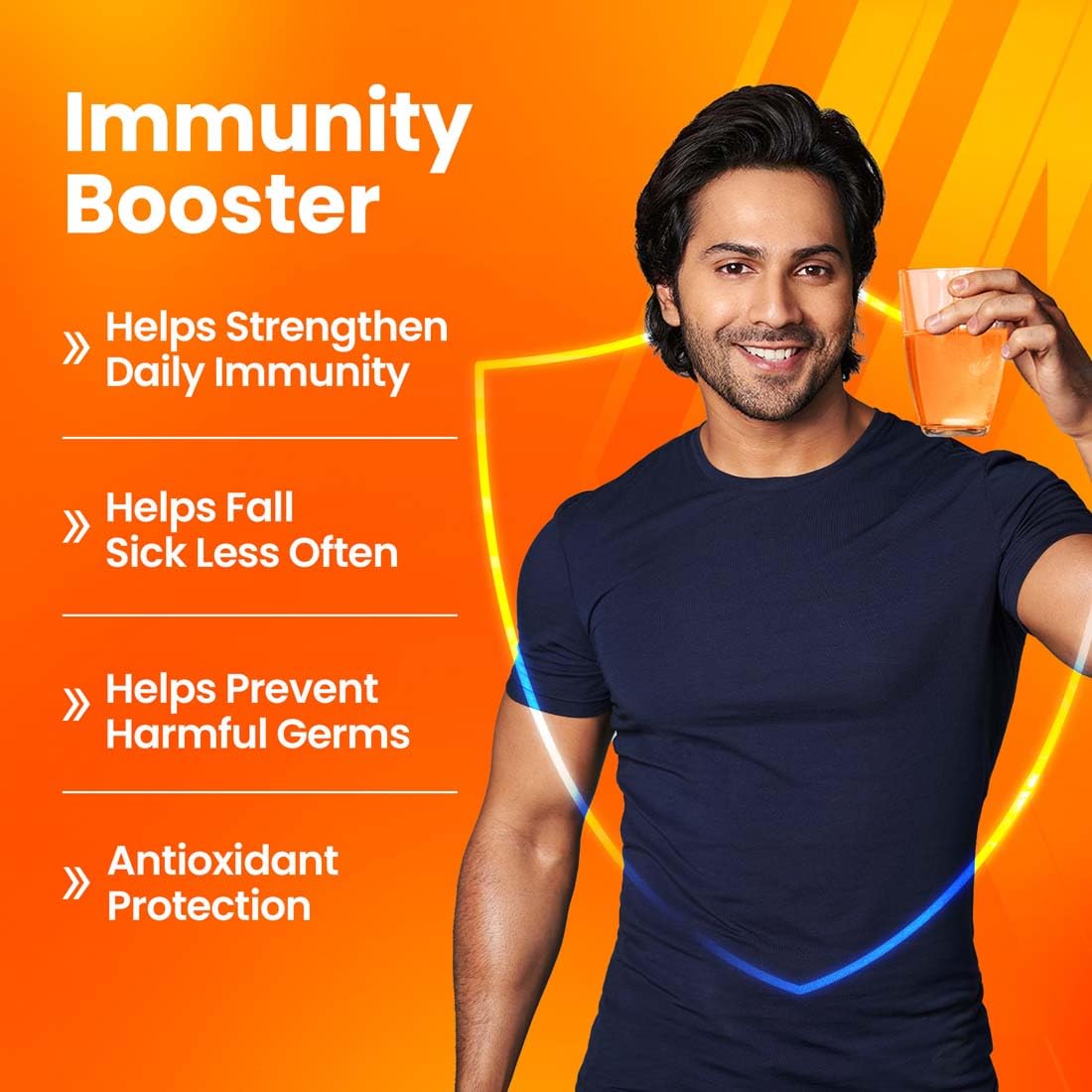Man holding a glass of juice with text about immunity booster on an orange background