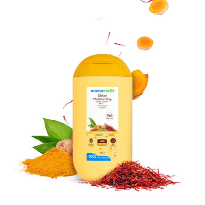 Mamaearth Ubtan Moisturizing Body Lotion with Turmeric & Saffron for Glowing Skin - 100 ml |48H Moisturization | Nourishes Dry Skin | 7in1 Total Care | 100% Natural Butter | Non-Greasy Smooth Skin