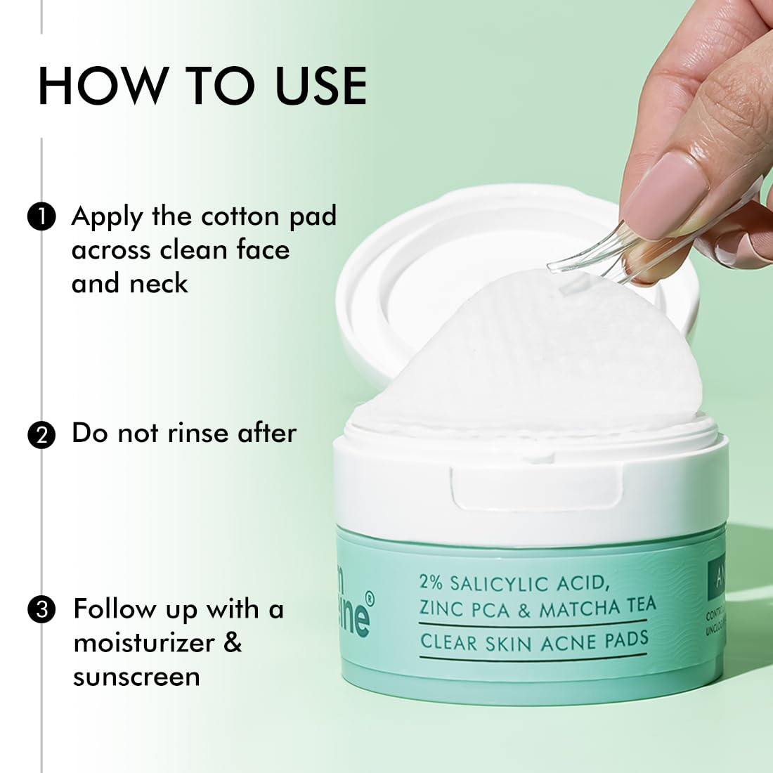 Cosmetic product with instructions on how to use it against a light green background