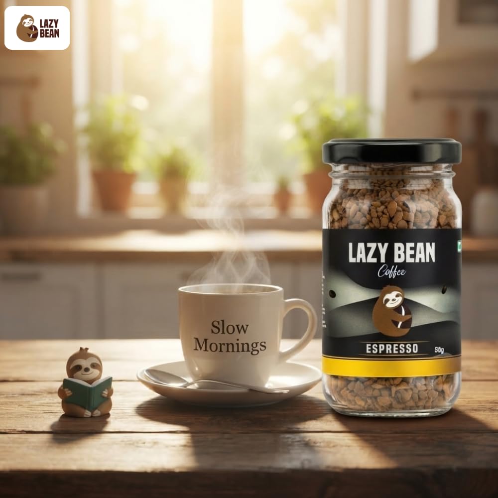 Lazy Bean Espresso Instant Coffee | 100% Arabica Coffee | Medium Roast | Rich & Bold Espresso Style Flavour | Premium Instant Coffee Powder | Strong Aroma | Smooth Full-Bodied Café Style Coffee | 50g