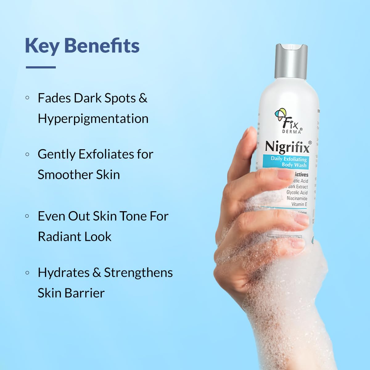Fixderma Nigrifix Exfoliating Body Wash with 5% Actives (Lactic Acid, Glycolic Acid, Niacinamide Acid & Vitamin E) | Gentle Exfoliating Shower Gel | Improves Skin Tone | Body Wash Shower Gel - 200ml