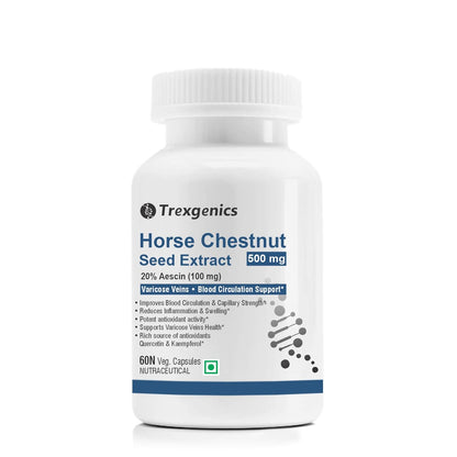 Trexgenics HORSE CHESTNUT 500mg (20% aescin) Standardized Leg Veins & Blood Circulation support (60 Veg capsules)
