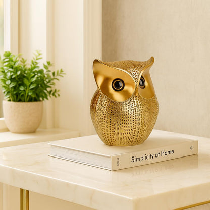 Modern Classy Lucky Owl Resin Art Figure Showpiece (Golden), 1 Piece