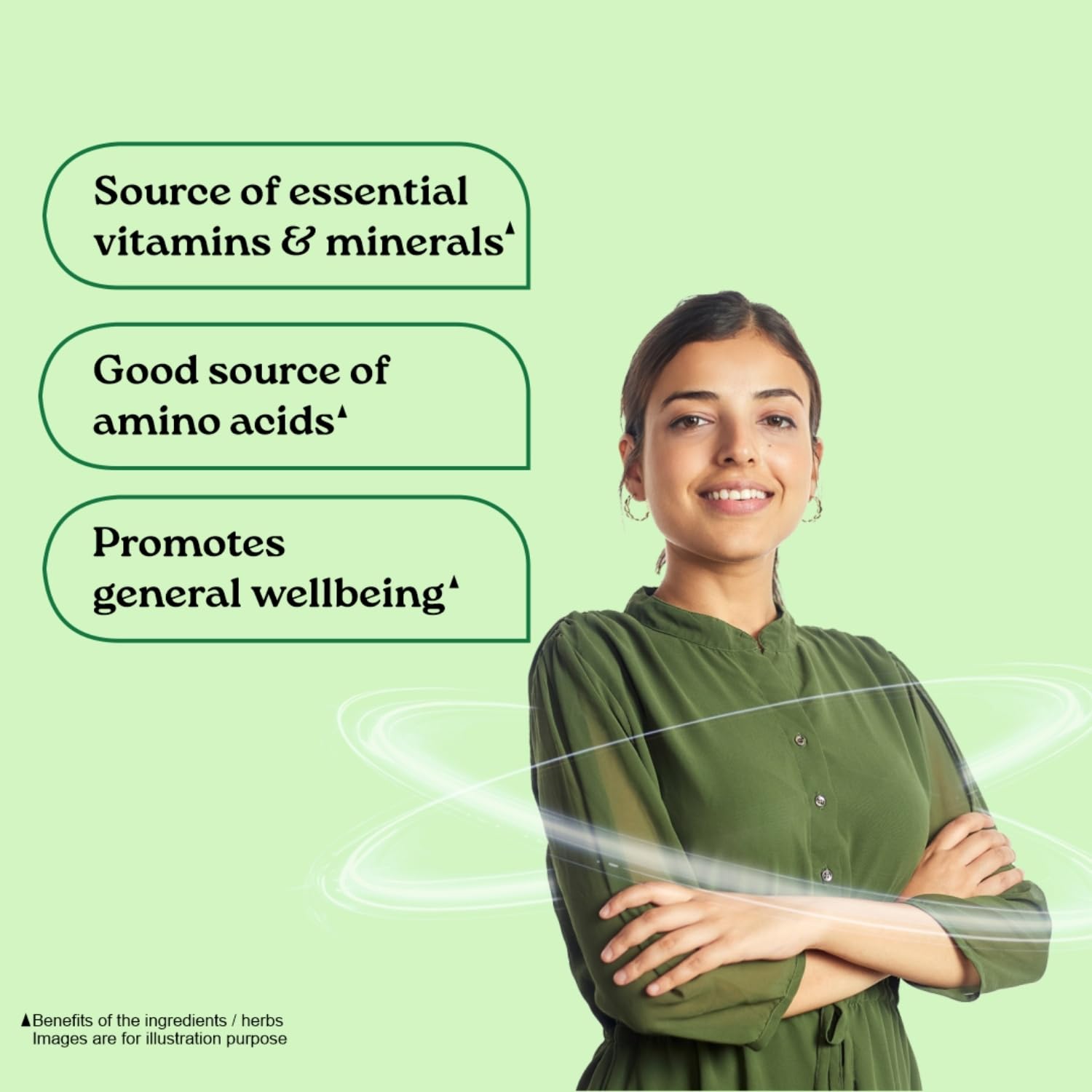 Woman in a green dress with text about vitamins, amino acids, and wellbeing on a light green background