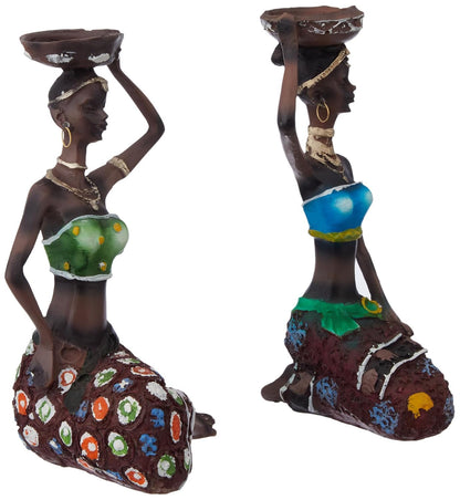 Handcrafted Home Decor Art Piece | Sitting African Tribal Women with Candle Holder | Set of 2 (Multicolor)
