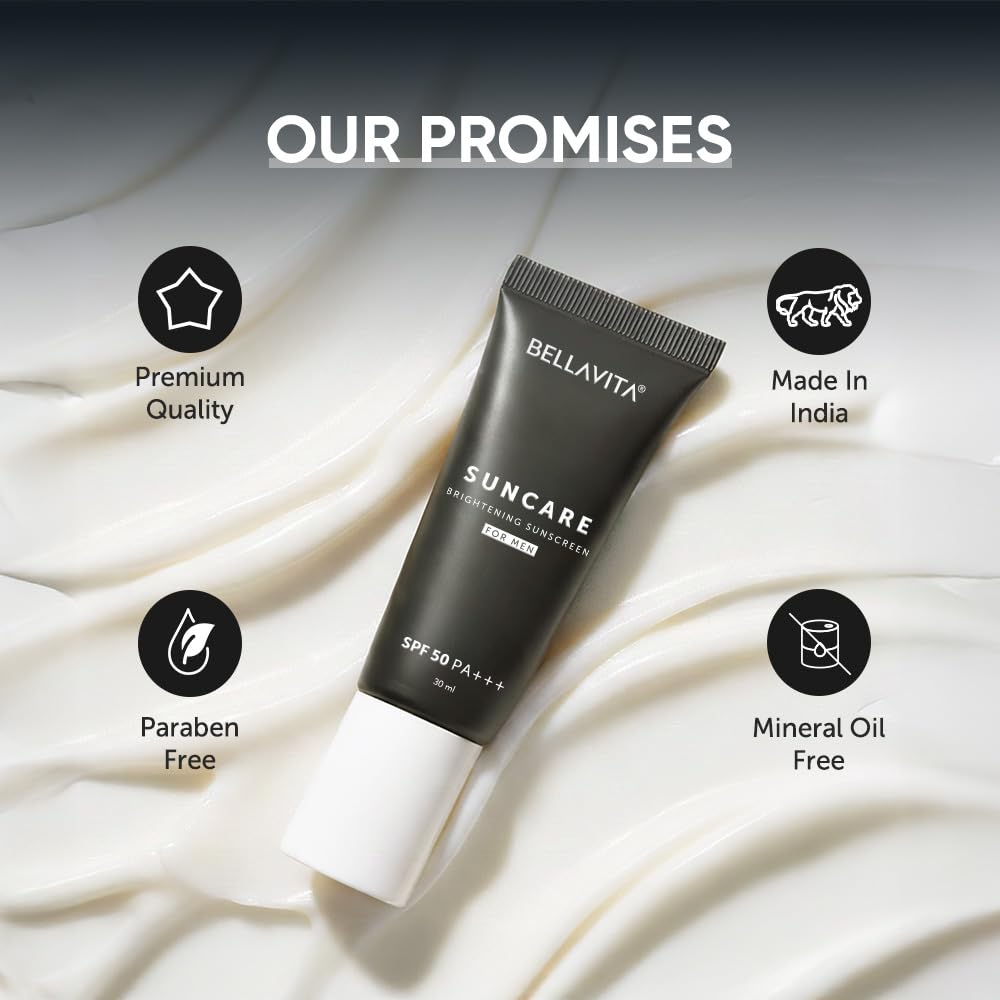 Bellavita sunscreen tube with product features on a light fabric background