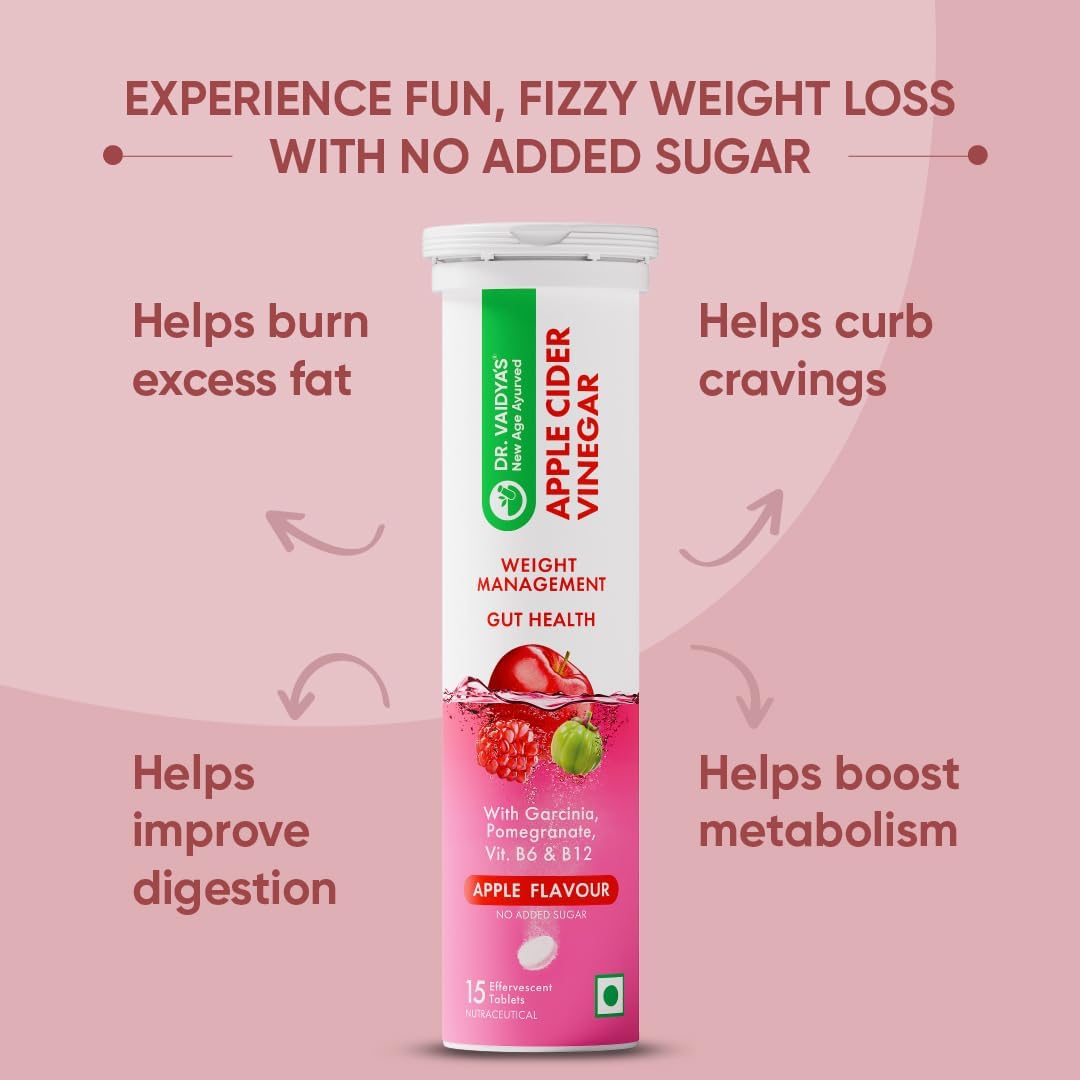 Dr. Vaidya's Apple Cider Vinegar Effervescent Tablet with Mother | ACV Detox & Weight Loss Tablets | Aids Digestion & Gut Health; Boosts Metabolism | Fat Burner for Men & Women | 15 Tablets