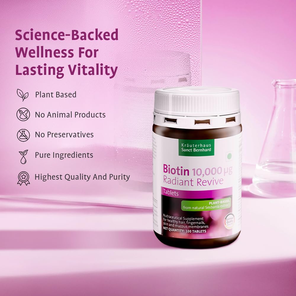 Bottle of Biotin supplements on a pink background with text about science-backed wellness.
